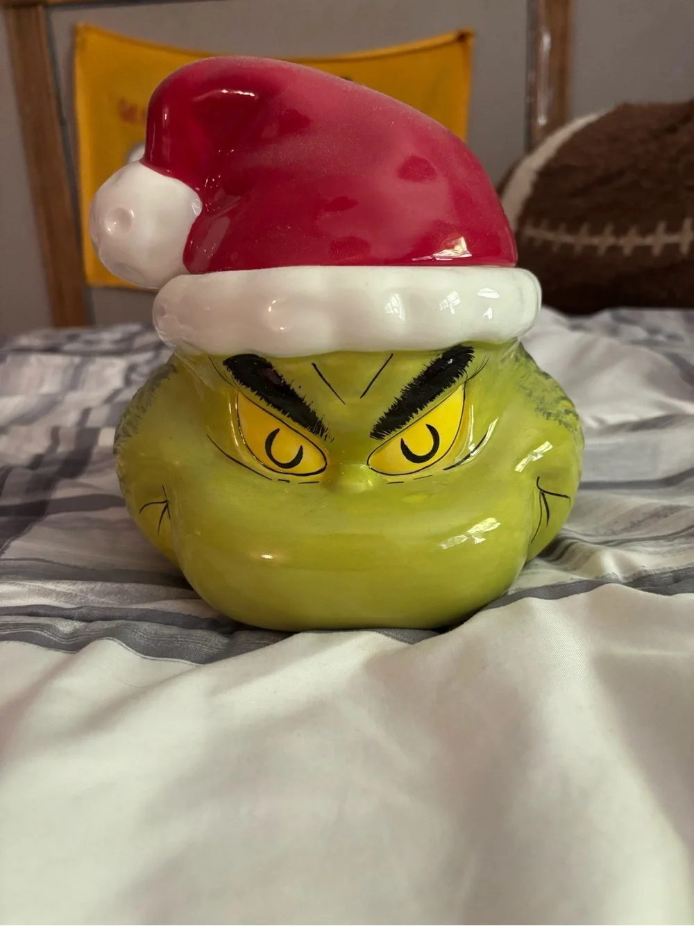 Green Grinch Ceramic Jar with Red Santa Hat
